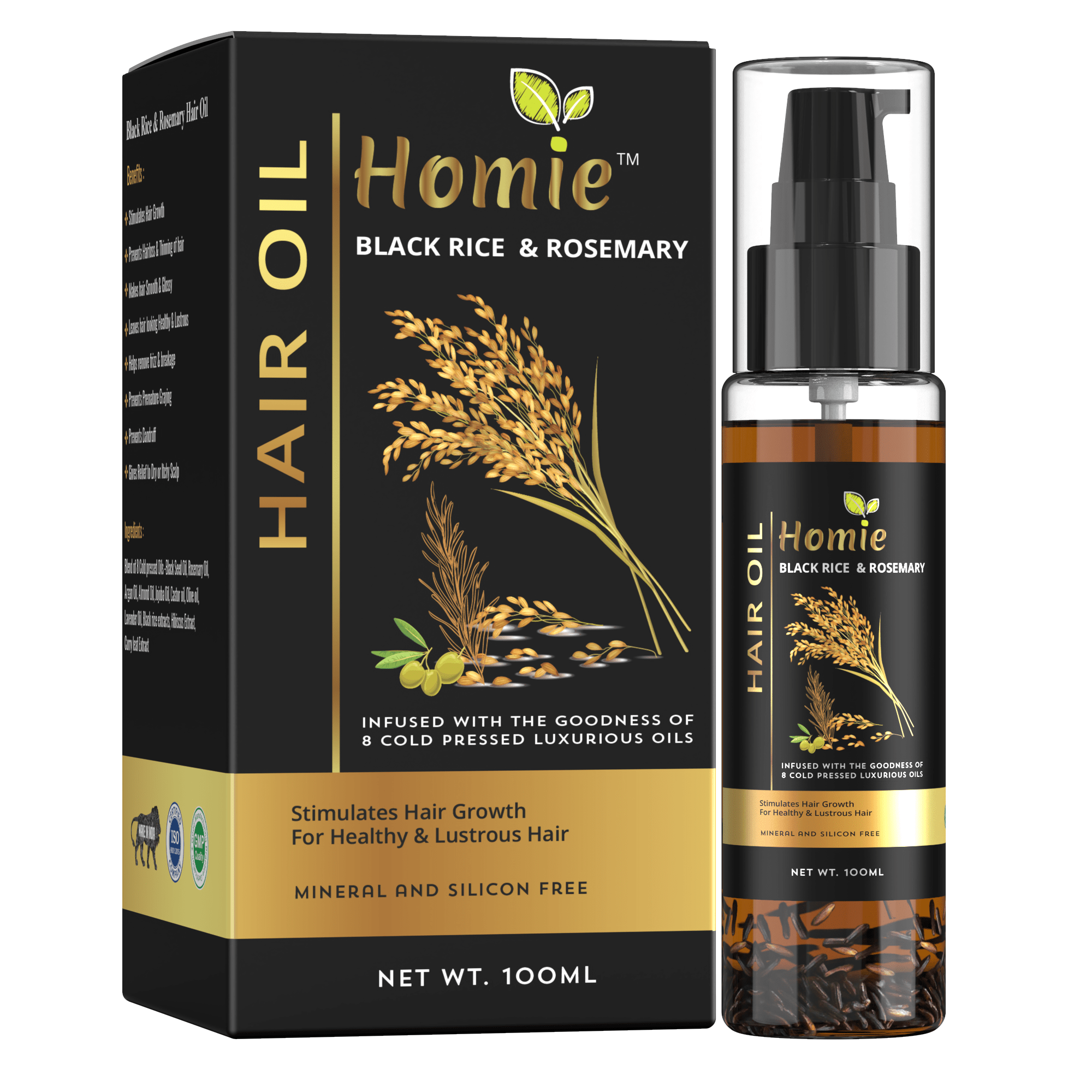 HOMIE BLACK RICE & ROSEMARY HAIR OIL with ARGAN OIL, ALMOND OIL, JOJOBA OIL,  CASTOR OIL With Black Seed Oil Extracts(100 ml) - Homie Care